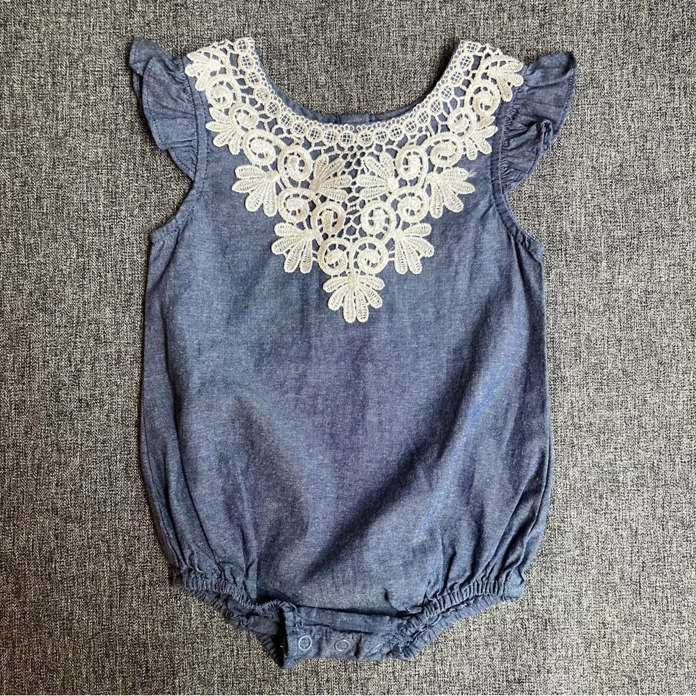 NWT Indigo Soul Kids Chambray Romper Bubble Flutter Sleeve Embroidered Lace 12M